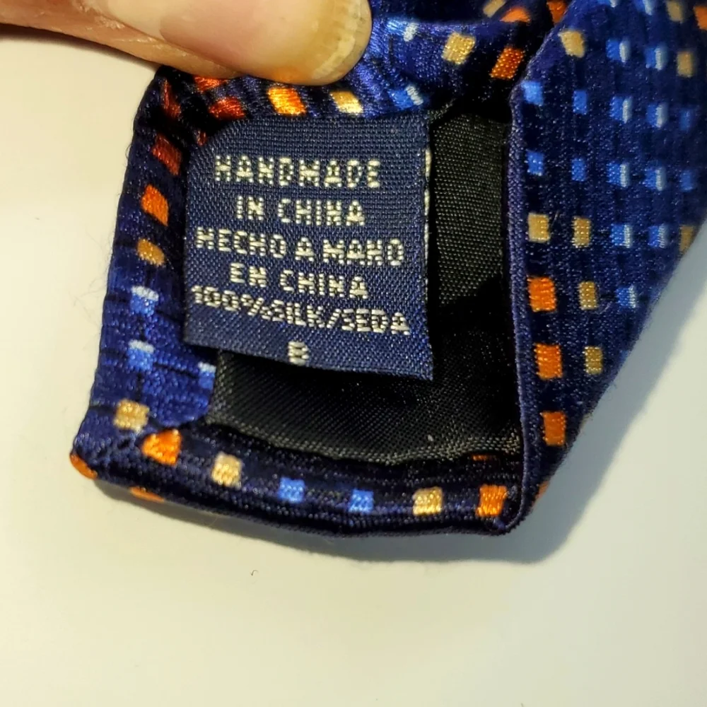 VAN HEUSEN Geometric Tiny Cubes Blue Brown Silk Tie EUC